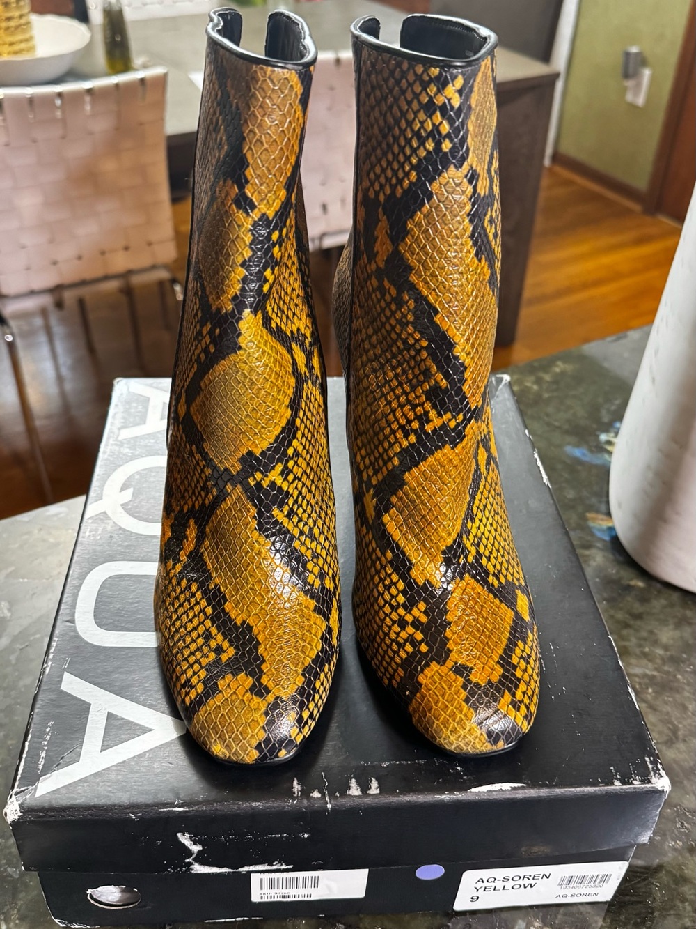 AQUA Soren Snake Print Block Heel Booties